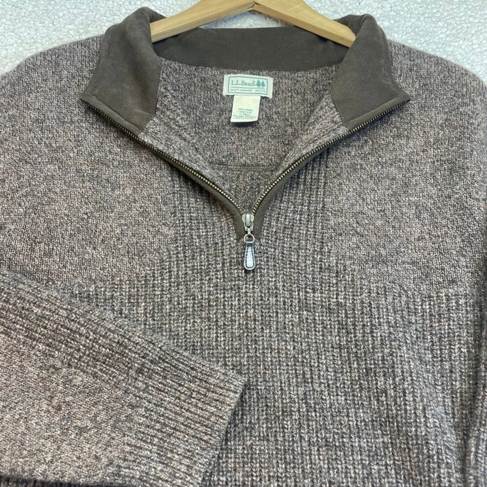LL Bean Sweater Mens L Tall Brown Merino Lambswool 1/4 Zip Ribbed Knit 237814